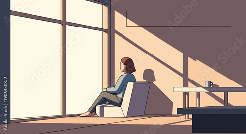 Woman sitting indoors early morning light streams through large window casting geometric shadows across minimalist room interior