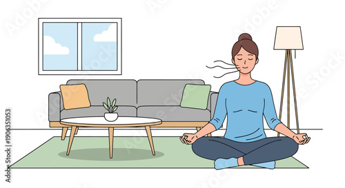 Woman meditating calmly indoors on a rug in a living room with couch and lamp practicing mindfulness breathing exercises for relaxation and well being