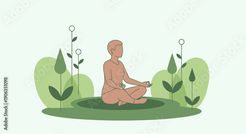 Person practicing meditation peacefully outdoors surrounded by stylized natural elements promoting wellness and calm
