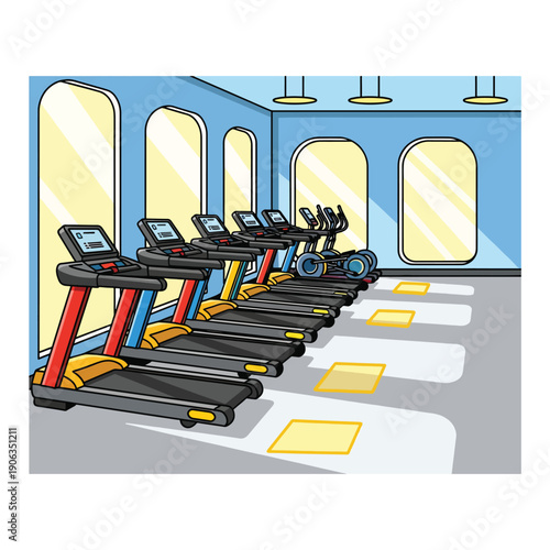 A gym interior with multiple colorful treadmills and elliptical machines