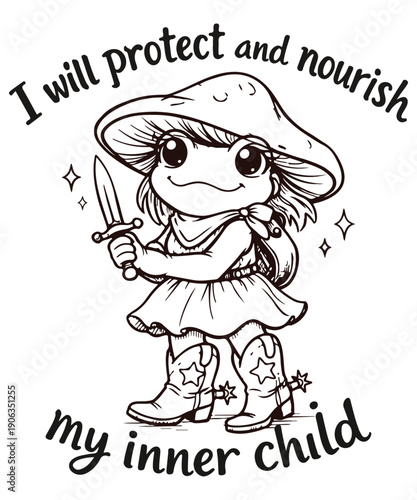  Will Protect and Nourish My Inner Child Design, Cottagecore Frog Knight, frog, cottagecore, knight, mushroom hat, inner child, self care, whimsical, fantasy, mental health, sword, aesthetic, cute fro