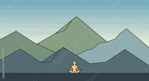 Serene individual meditating alone in lotus pose against a backdrop of layered mountain peaks and a gradient sky symbolizes inner peace and mindful