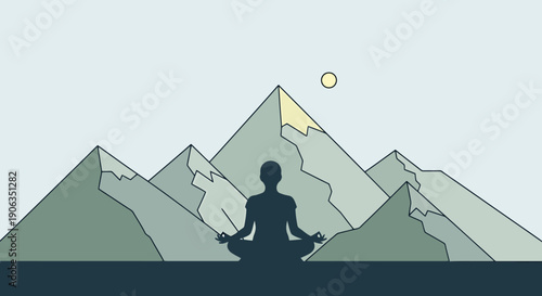 Tranquil figure meditates peacefully in silhouette against a backdrop of serene mountain peaks under a distant sun and soft sky