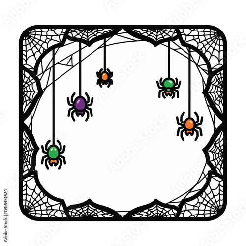 A Halloween-themed frame with spiders and webs