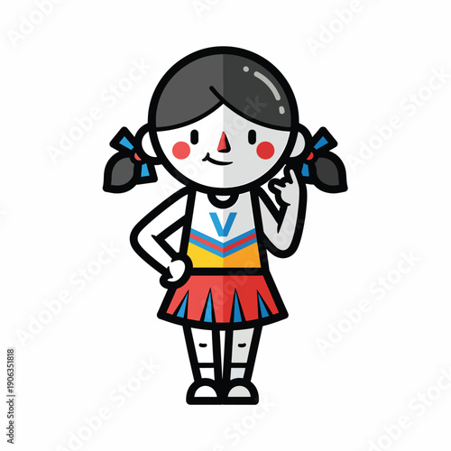 A cheerful young girl in a colorful cheerleading outfit
