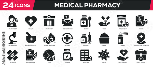 Medical Pharmacy solid icons collection. Perfect pixel on transparent background. Vector illustration