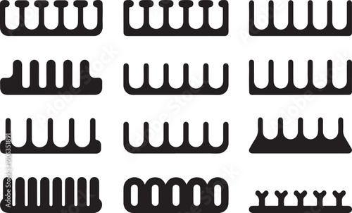 A collection of various comb and clipper blade illustrations in black on a white background for grooming and haircutting purposes