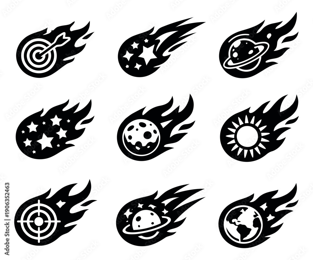 Obraz premium Graphic shooting star set featuring planets, sun, moon, stars, and target for space exploration and success