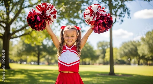 Young female child enthusiastically cheers with bright pom-poms in a sunny park setting