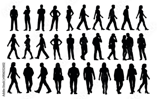 Silhouette people set featuring men and women in various standing and walking poses for urban scenes and crowd representation