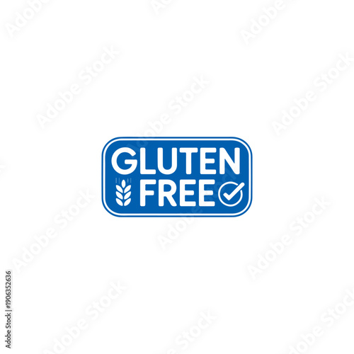Gluten free badge with wheat symbol and checkmark on blue background