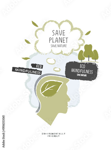 Vector hand drawn cartoon sketch of person profile with green trees as a sing of eco mindfulness. Environmentally friendly planet Concept.	
