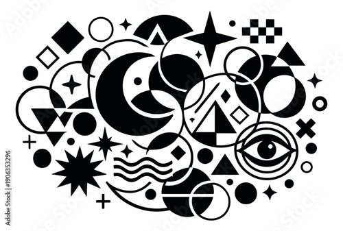 Abstract geometric symbols set featuring celestial elements and an all-seeing eye for modern design