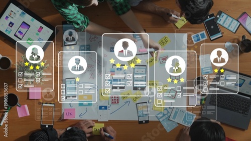 Obraz na plátně Collaborative Workspace with Team Members Analyzing User Experience and Feedback using Digital Tools and Post-it Notes for Website Design Project Gluon