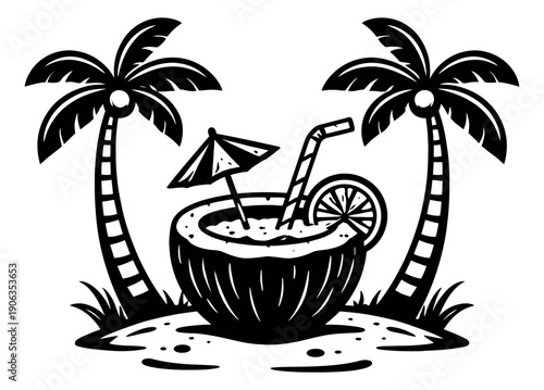 Hand drawn line art illustration of a tropical coconut cocktail depicting a refreshing drink served on an island with palm trees for summer holidays
