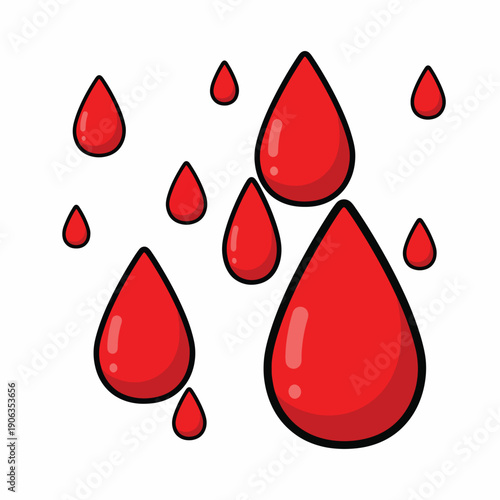 A digital illustration of red cartoon blood drops on white