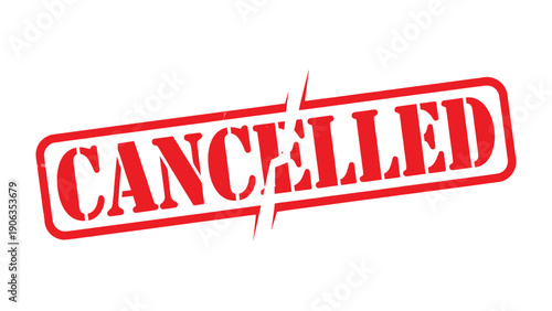 Cancelled Stamp: The word CANCELLED is emblazoned across a red rectangular stamp with a lightning bolt through it, perfect for conveying the ideas of cessation, postponement or annulment.