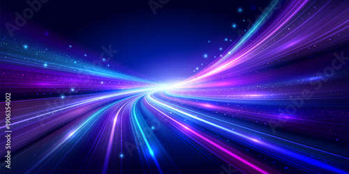 Abstract futuristic digital technology background vector illustration with glowing light trails and dynamic data flow, featuring left copy space for ai, big data, fintech, innovation, website header.