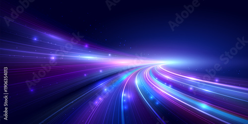 Abstract futuristic digital technology background vector illustration with glowing light trails and flowing data lines, speed, innovation, and digital transformation. Copy space for modern technology.