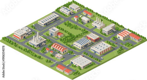 Industrial Area Isometric Illustration with Factories Warehouses Roads and Green Spaces for Business Planning