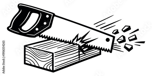 Line art illustration of a hand saw depicting cutting a wooden block for carpentry