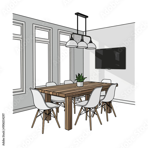 A dining room with a wooden table and white chairs