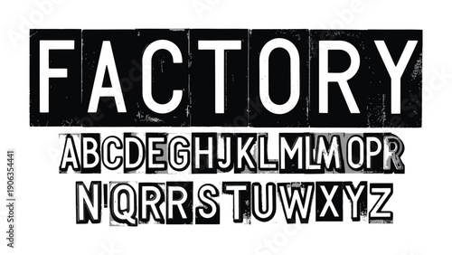 Factory sign and Alphabet: A bold, industrial-style typographic composition featuring the word FACTORY and a full alphabet, embodying the essence of production and creation.