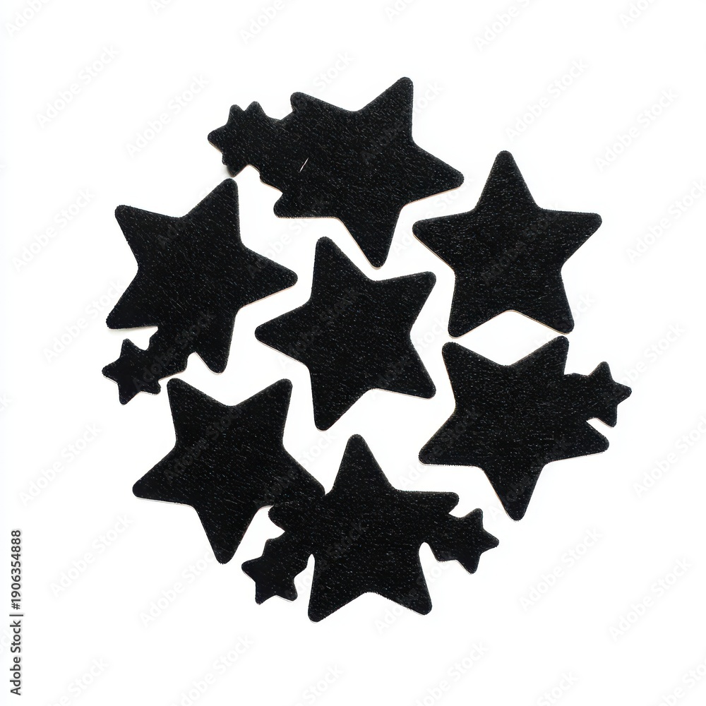 Obraz premium Cluster Of Sparkly Black Star Shapes Arranged In A Circular Pattern On A White Background