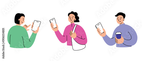 People set with men and women holding smartphones, using mobile applications and digital services. Flat cartoon vector illustration with clean screens for UI UX mockup, everyday online interaction