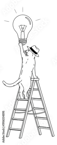 Hand drawn line art illustration of a cat in a hat on a ladder depicting the pursuit of an idea for business concepts