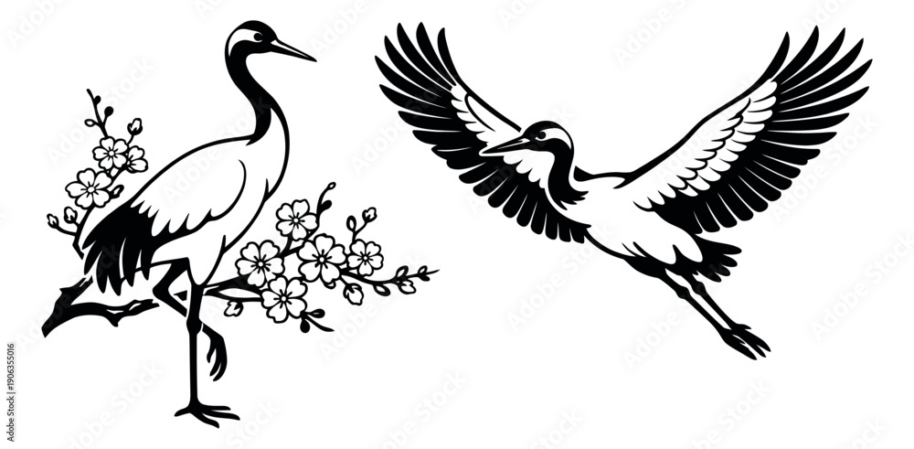 Fototapeta premium Hand drawn line art crane bird set featuring a crane on a cherry blossom branch and another in flight for nature and Asian designs