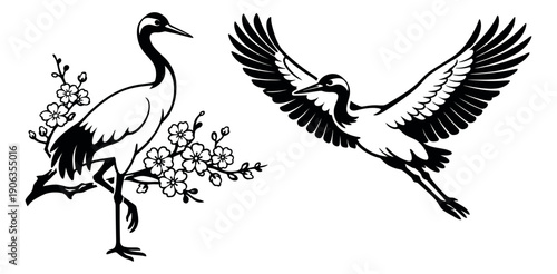 Hand drawn line art crane bird set featuring a crane on a cherry blossom branch and another in flight for nature and Asian designs