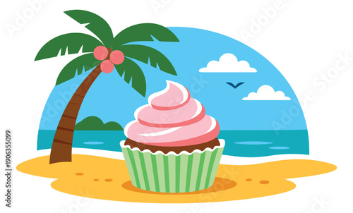 Flat design illustration of a cupcake depicting a sweet treat on a tropical beach with a palm tree for summer holidays