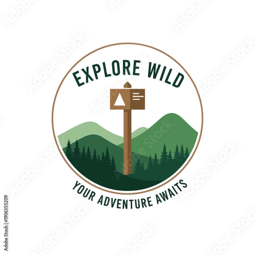 Adventure Logo with Signpost and Mountains.