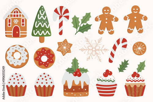 Festive christmas treats and decorations arranged in a playful composition