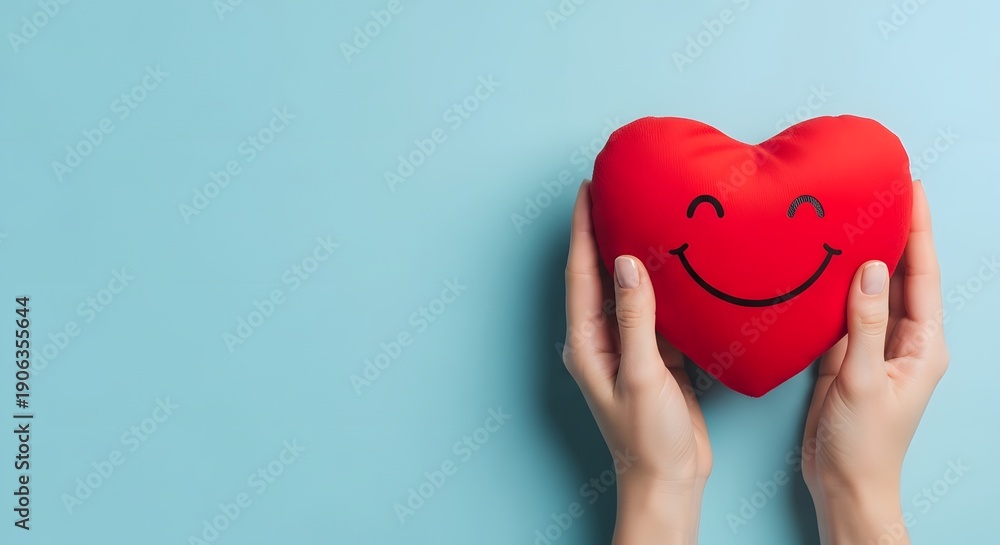 Fototapeta premium A person holding a smiling red heart shaped pillow