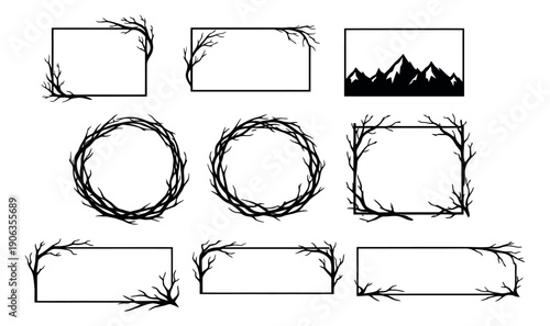 Hand drawn line art nature frames and elements set featuring branch borders, wreaths, and a mountain silhouette for decorations and design projects