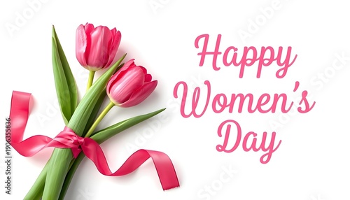 A bouquet of pink tulips tied with a ribbon on a white background with Happy Women's Day text