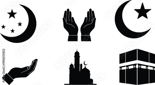 Islamic ramadan icon set with crescent moon praying hands mosque kaaba worship symbols black silhouette vector