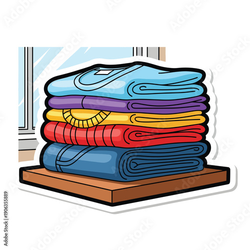 A stack of folded clothes on a wooden platform
