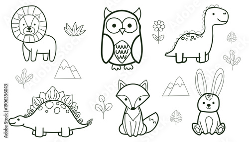 Cute Animal and Dinosaur Doodle Set in Hand Drawn Line Art Style for Kids Coloring