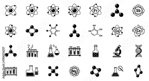 Science related symbols for educational materials, science, molecules, atoms, and lab equipment.