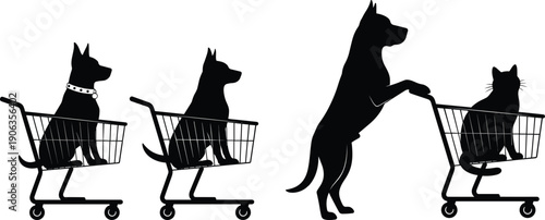 Funny dogs and cat shopping carts illustration, pet humor vector art, animal supermarket scene, anthropomorphic pets shopping - flavector