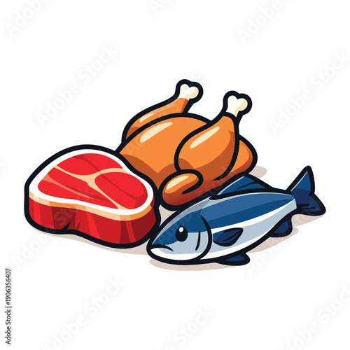 Steak, chicken, and fish, perfect for menus, recipe cards, and foodthemed designs needing a proteinrich element.