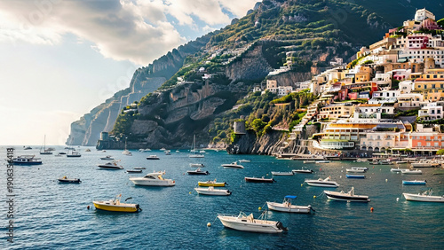 Wallpaper Mural Boats floating on calm waters near a hillside town with colorful buildings and lush greenery Torontodigital.ca