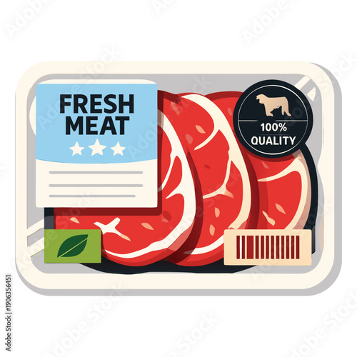 Package of fresh meat with a 100 percent quality label suitable for food blogs, butcher shops, grocery stores, and advertising materials.