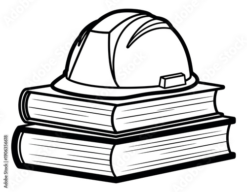 Line art illustration of a hard hat stacked on books depicting construction education for vocational learning