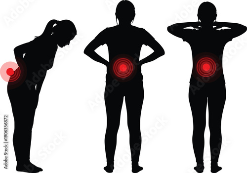 Lower back pain silhouette illustration, lumbar discomfort posture, spine health medical concept, human body ache, injury prevention vector art, flavector