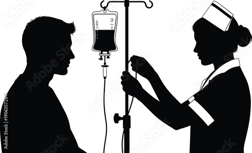 Nurse adjusting IV drip silhouette, patient receiving medical care, hospital healthcare illustration, clinical treatment support, intravenous therapy scene flavector