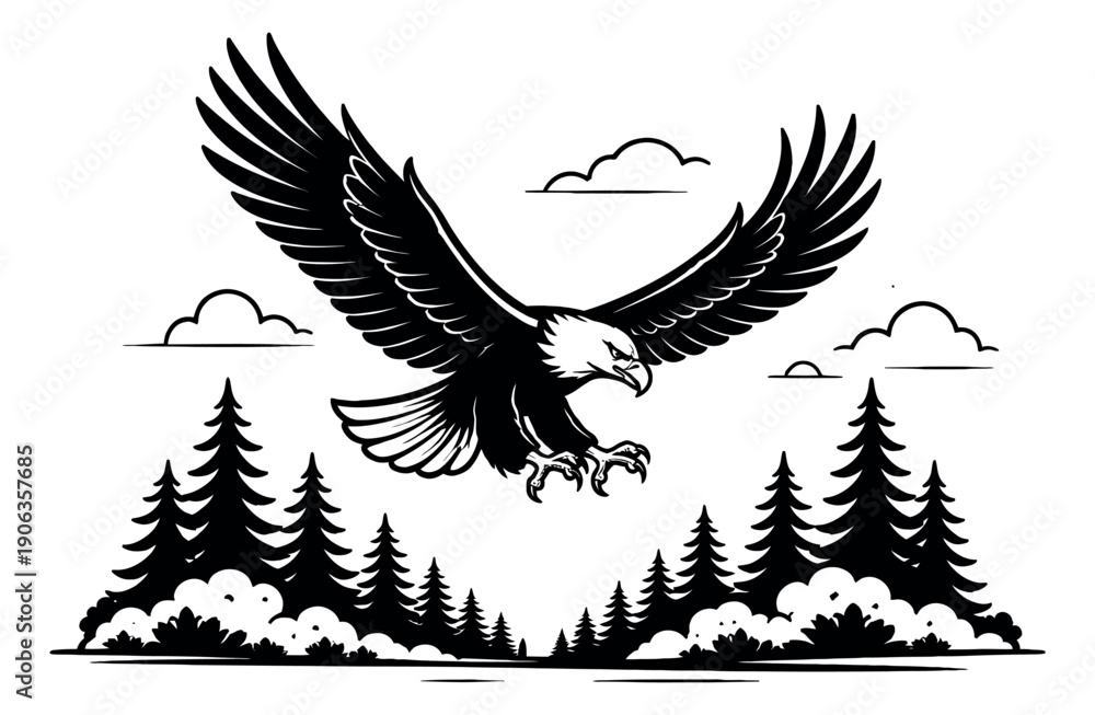 Fototapeta premium Line art illustration of a bald eagle depicting it in flight over a forest for nature and outdoor designs